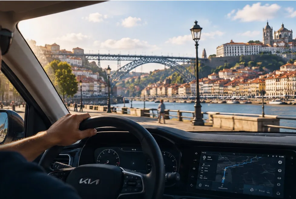 Perspetiva da cidade do Porto a partir de uma viatura, representando mobilidade e atividade TVDE.